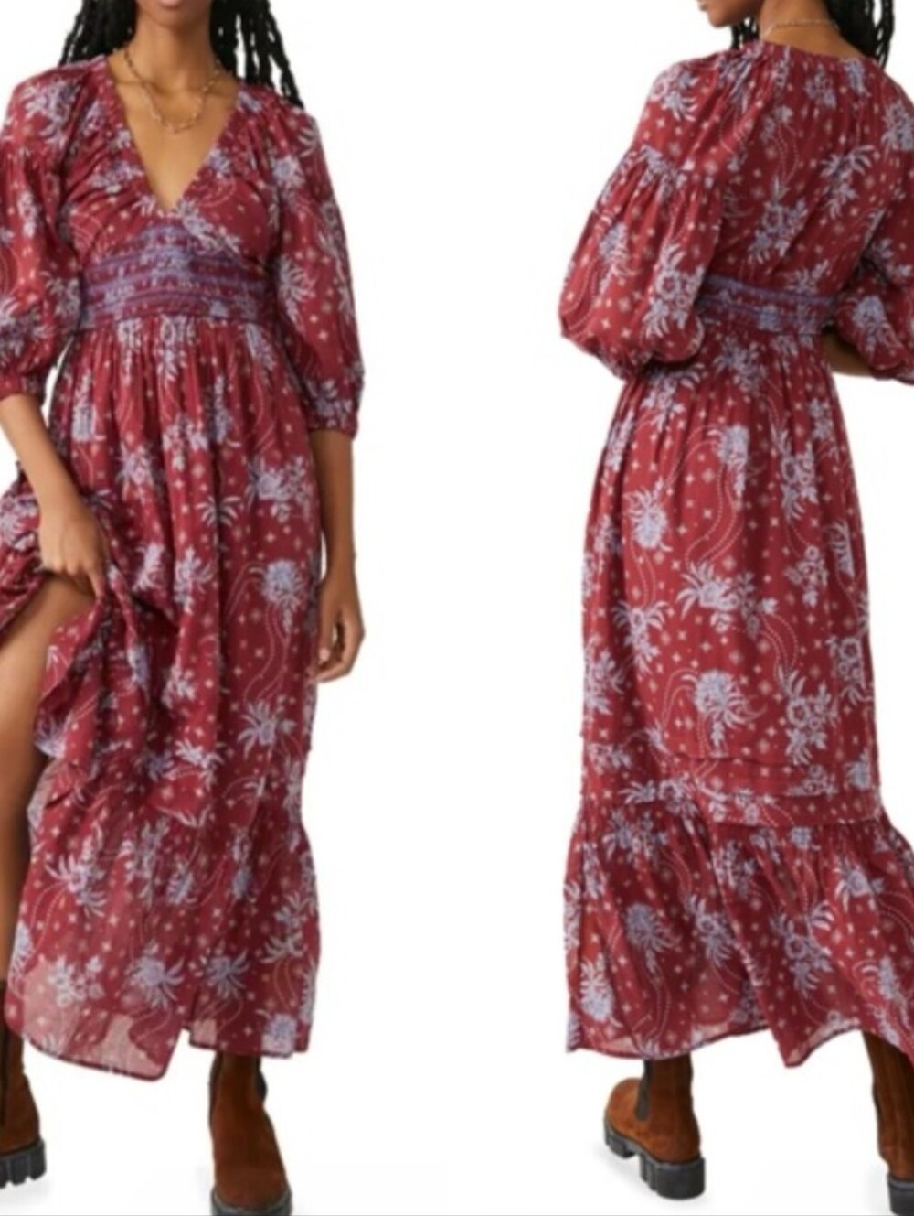 Free People Rust Maxi Dress with Blue Floral Print